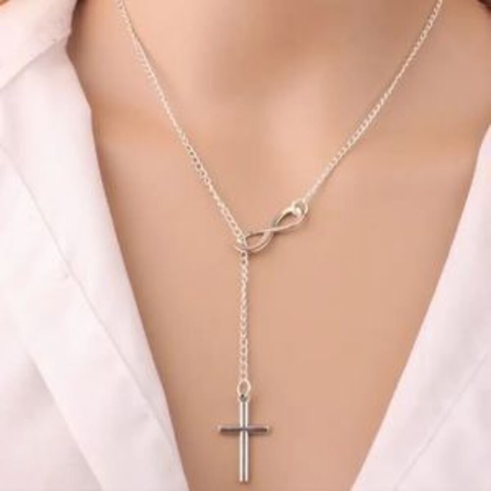 Silver Cross Infinity Lariat Necklace